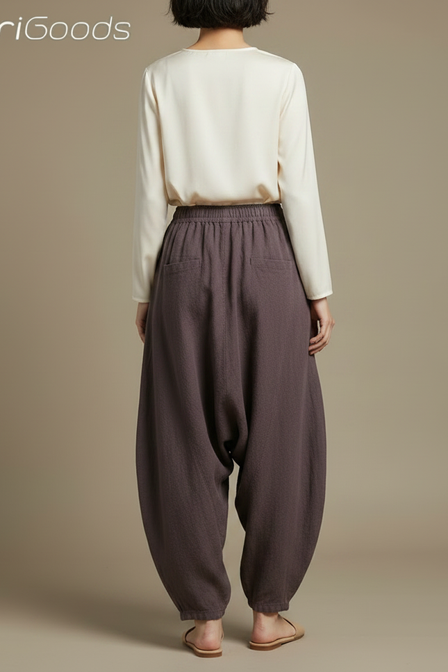 Pantalon Chinois Ample Lin Coton Sarouel Marron Confortable - Violet - vue 2