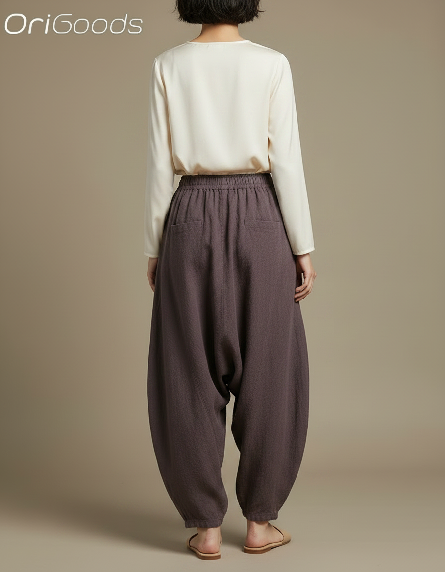 Pantalon Chinois Ample Lin Coton Sarouel Marron Confortable - Violet - vue 2