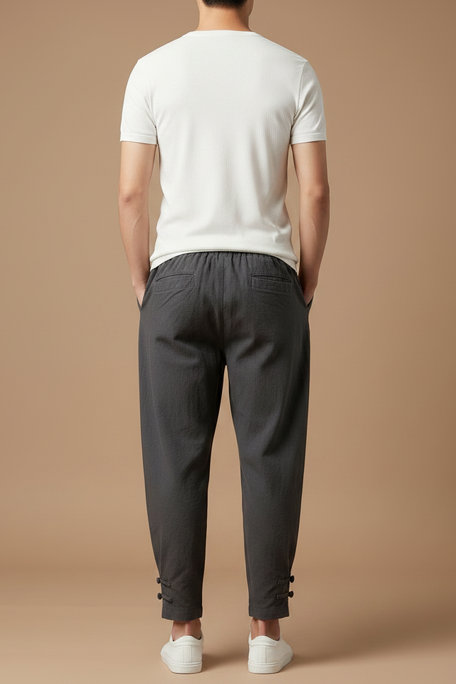 Pantalon Chinois Coton Lin Ample Gris Décontracté - vue 2