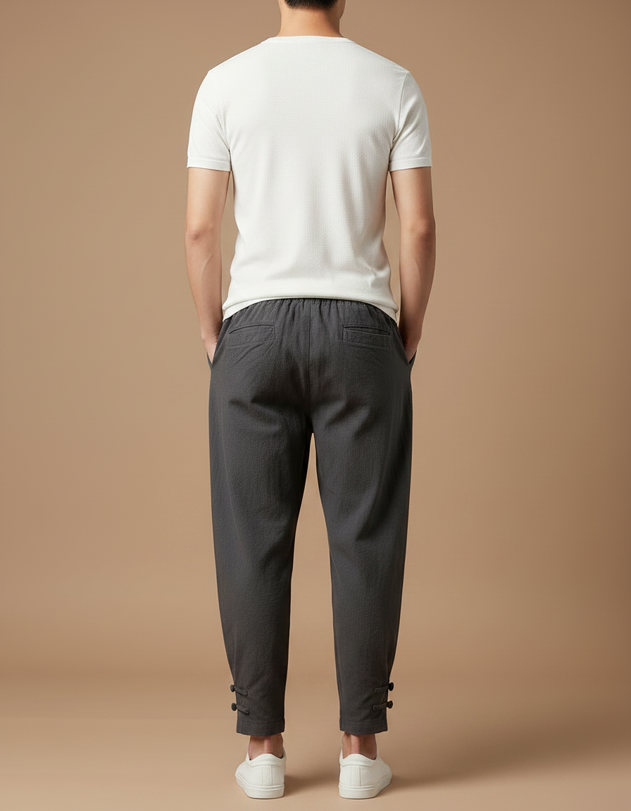 Pantalon Chinois Coton Lin Ample Gris Décontracté - vue 2