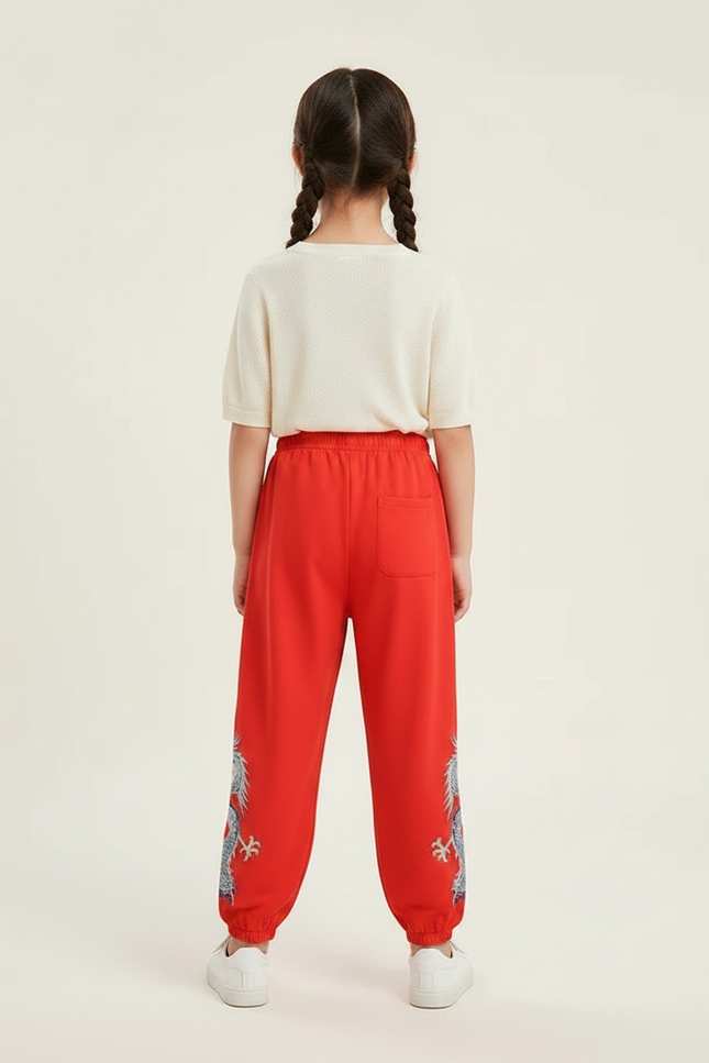 Pantalon Chinois Rouge Ample Dragon Enfant - Polyester - vue 2