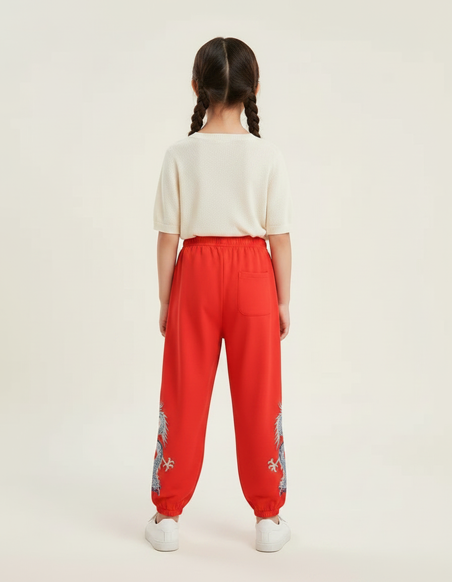 Pantalon Chinois Rouge Ample Dragon Enfant - Polyester - vue 2