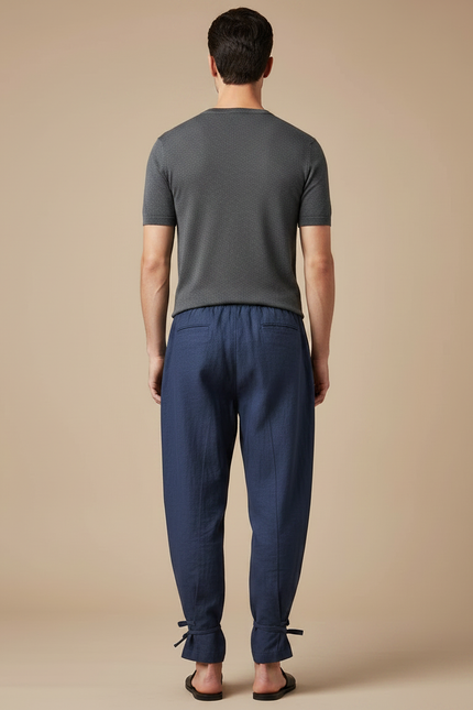 Pantalon Chinois Bleu Marine Lin Ample Liens Cheville - vue 2