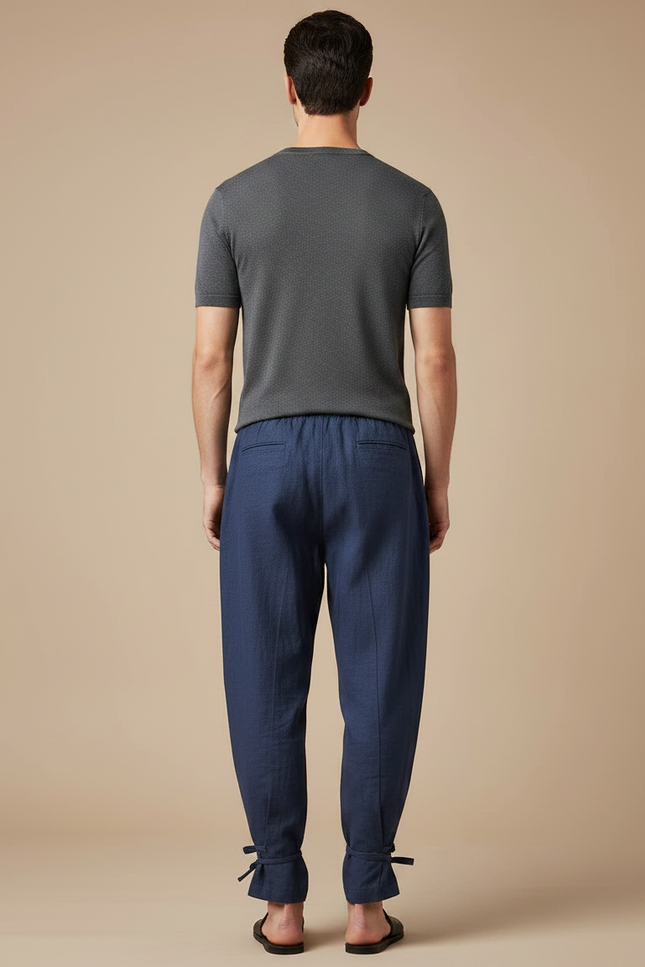 Pantalon Chinois Bleu Marine Lin Ample Liens Cheville - vue 2