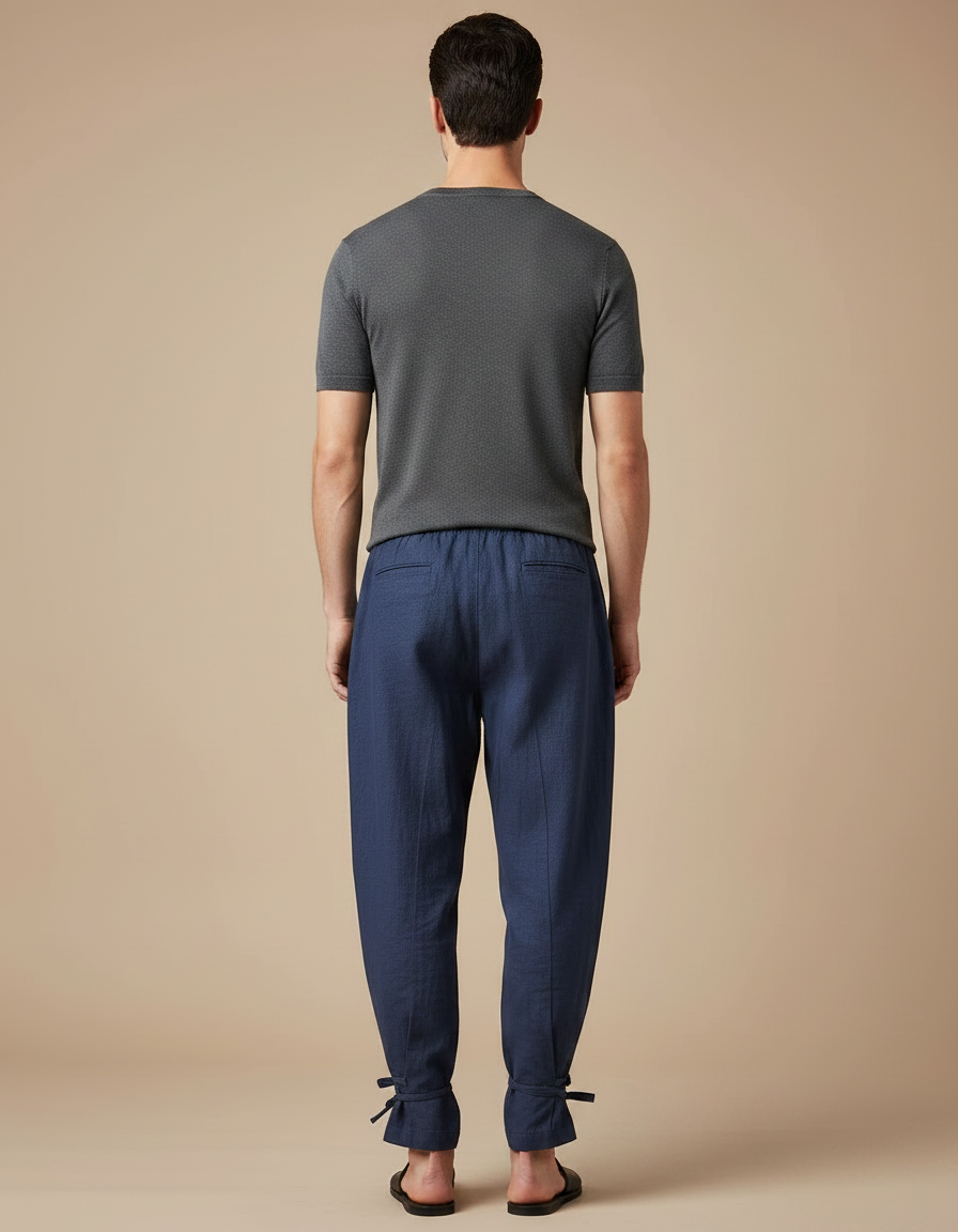 Pantalon Chinois Bleu Marine Lin Ample Liens Cheville - vue 2