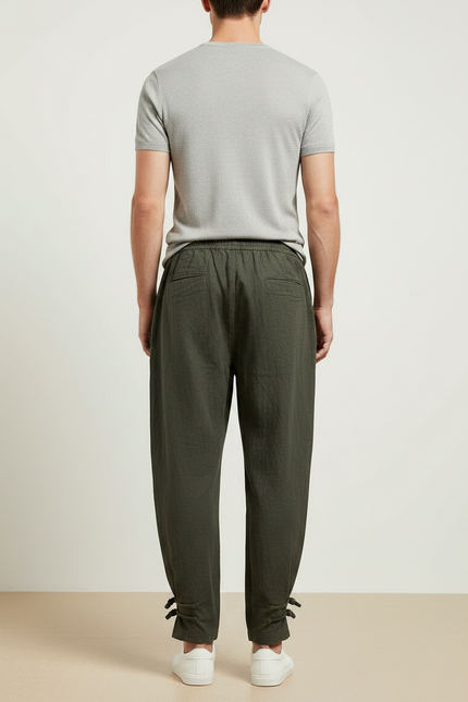 Pantalon Chinois Vert Ample Coton Liens Cheville Homme - vue 2