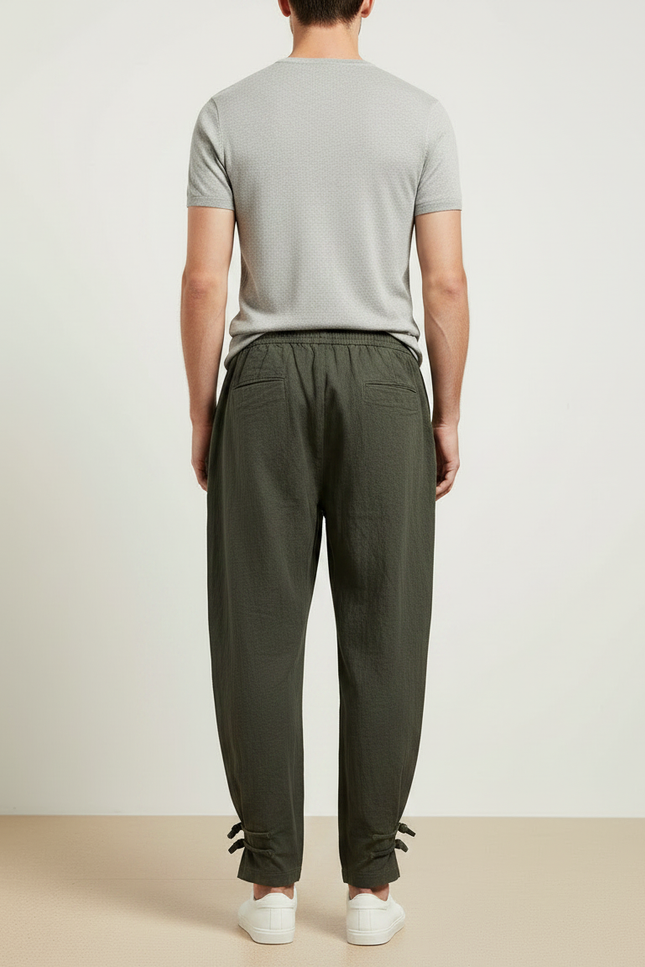 Pantalon Chinois Vert Ample Coton Liens Cheville Homme - vue 2