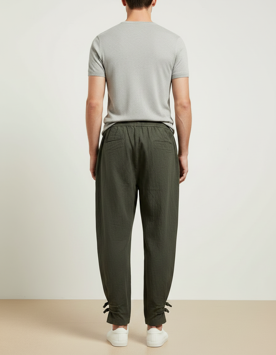 Pantalon Chinois Vert Ample Coton Liens Cheville Homme - vue 2