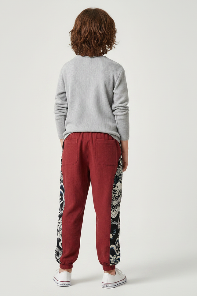 Pantalon Chinois Rouge Coton Ample Dragon Garçon - Bordeaux - vue 2