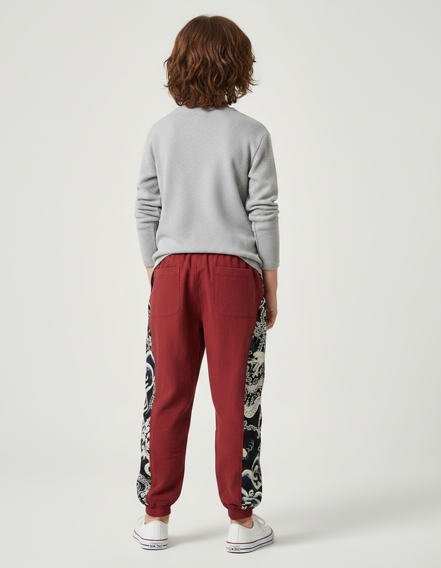 Pantalon Chinois Rouge Coton Ample Dragon Garçon - Bordeaux - vue 2