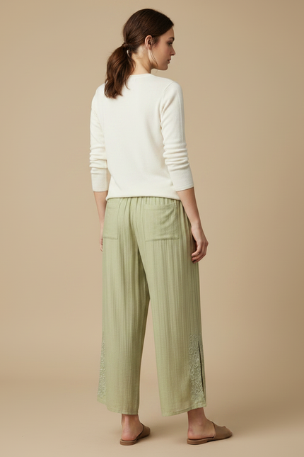 Pantalon Chinois Vert Brodé Ample Coton Léger - vue 2