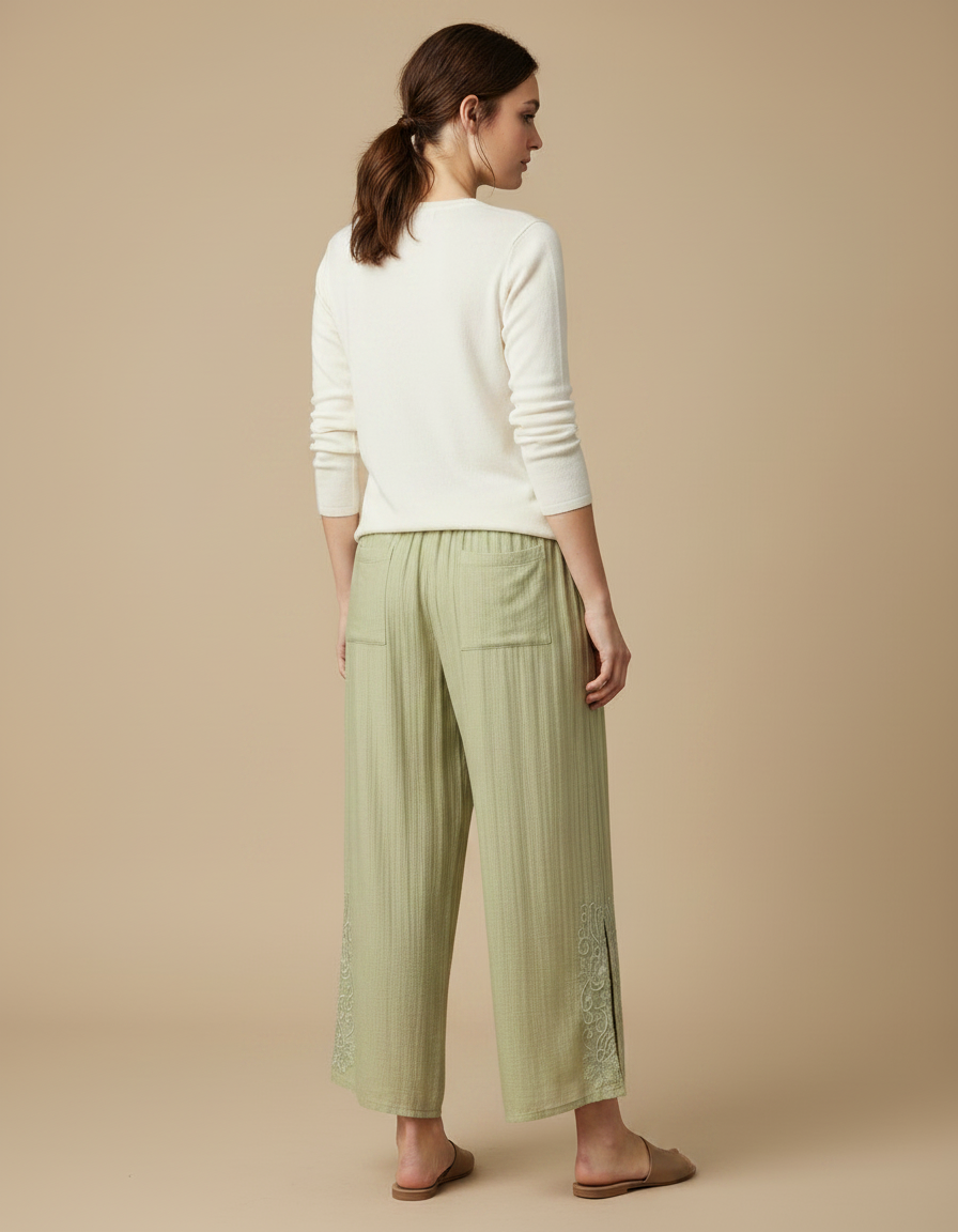 Pantalon Chinois Vert Brodé Ample Coton Léger - vue 2