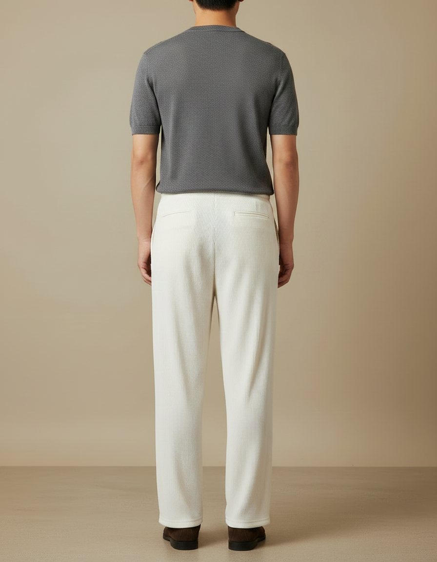 Pantalon Chinois Blanc Plissé Ample Décontracté Homme - Cordé - vue 2