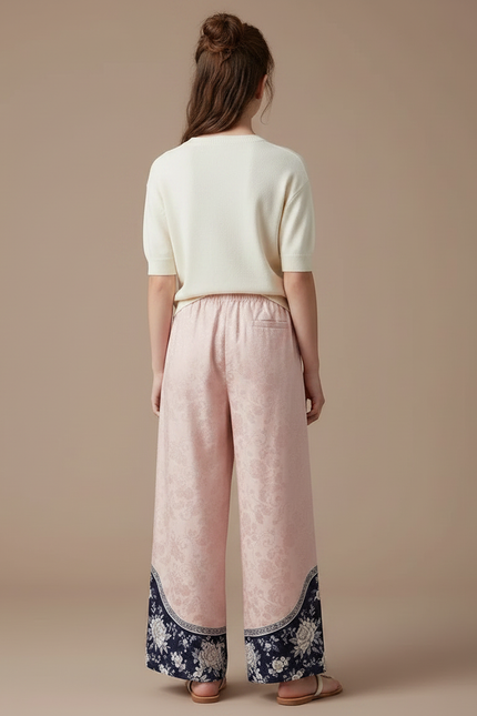Pantalon Chinois Rose Ample Imprimé Floral Élégant - Satin - vue 2