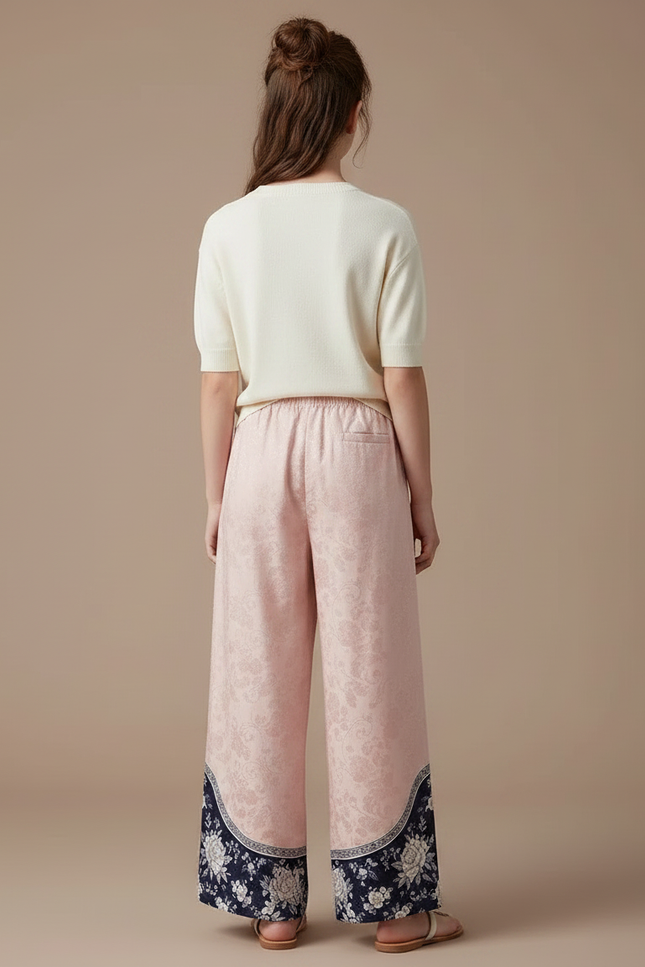 Pantalon Chinois Rose Ample Imprimé Floral Élégant - Satin - vue 2