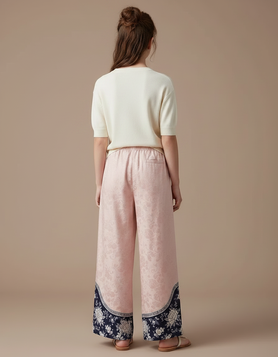 Pantalon Chinois Rose Ample Imprimé Floral Élégant - Satin - vue 2