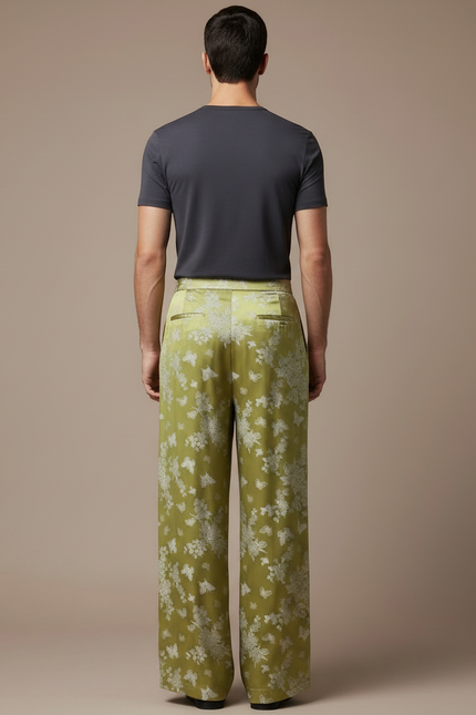 Pantalon Chinois Vert Satiné Ample Papillons Fluide - vue 2