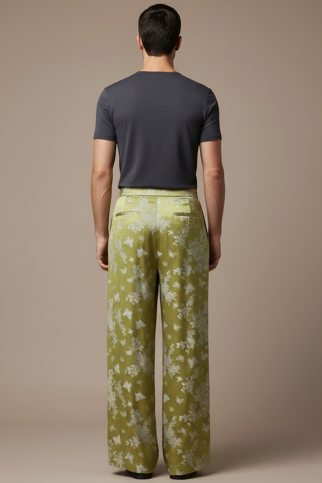 Pantalon Chinois Vert Satiné Ample Papillons Fluide - vue 2
