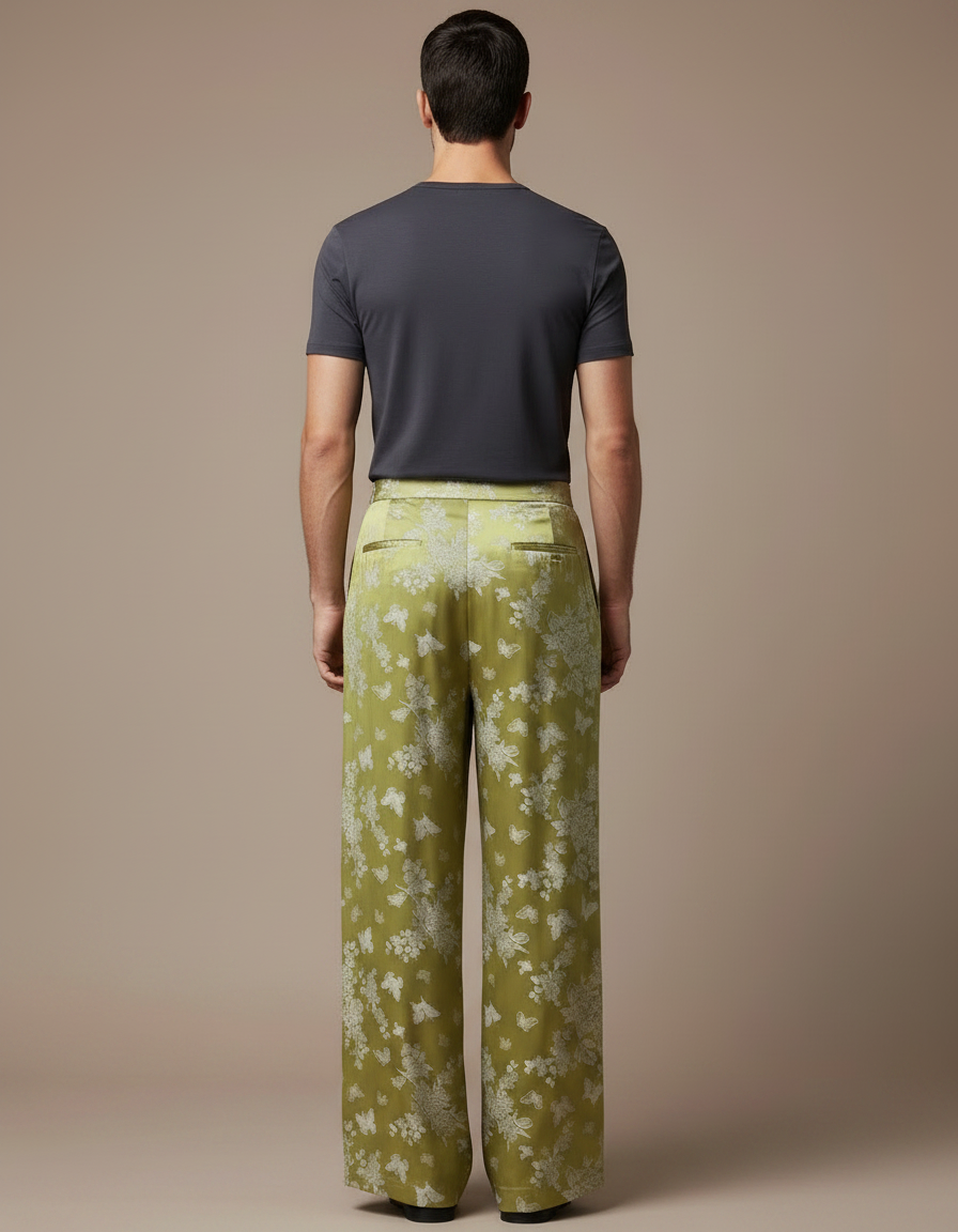 Pantalon Chinois Vert Satiné Ample Papillons Fluide - vue 2