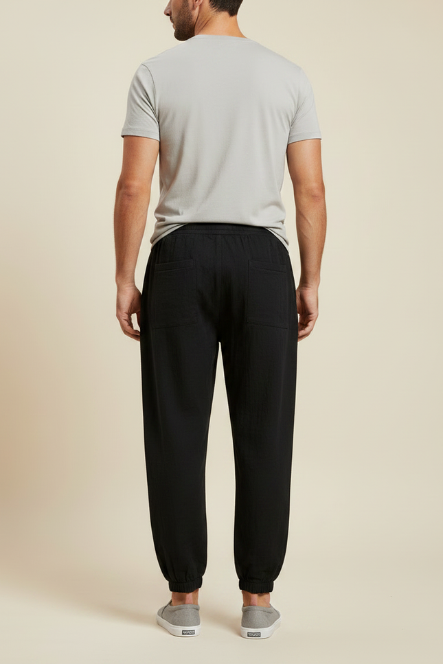 Pantalon Chinois Noir Ample Coton Lin Jogging - vue 2