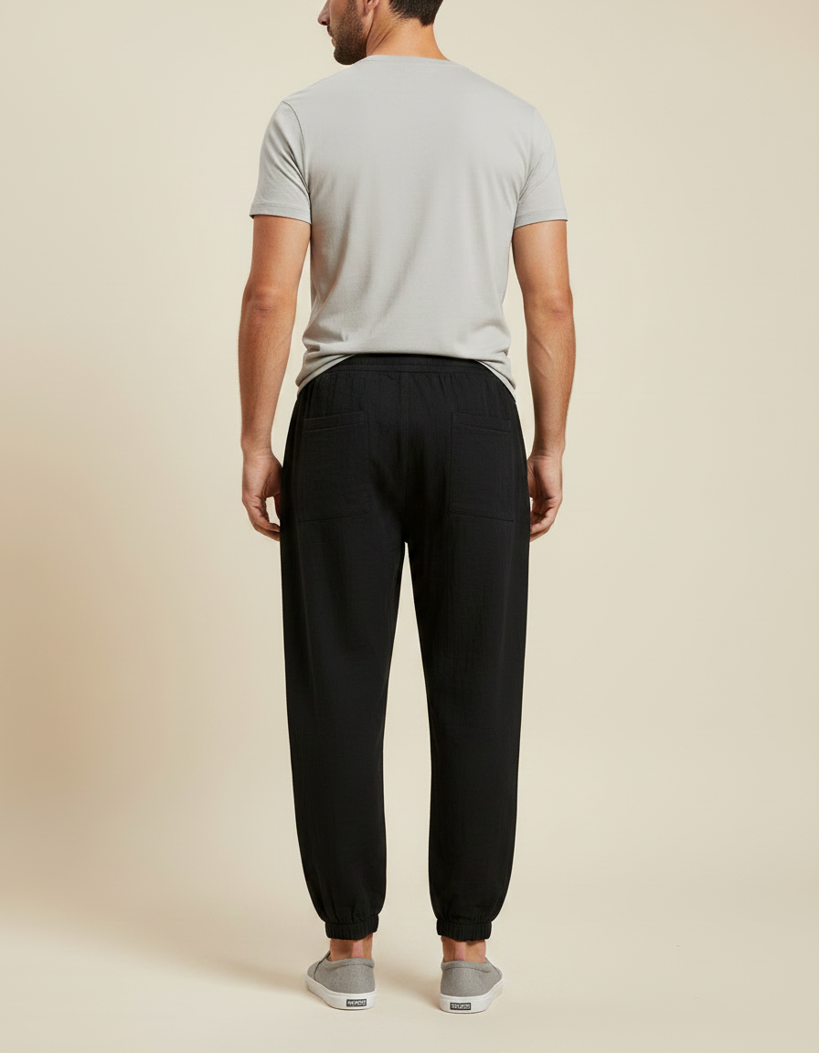 Pantalon Chinois Noir Ample Coton Lin Jogging - vue 2