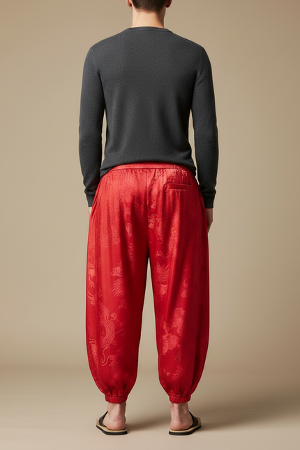 Pantalon Chinois Rouge Satin Dragon Ample Homme - vue 2