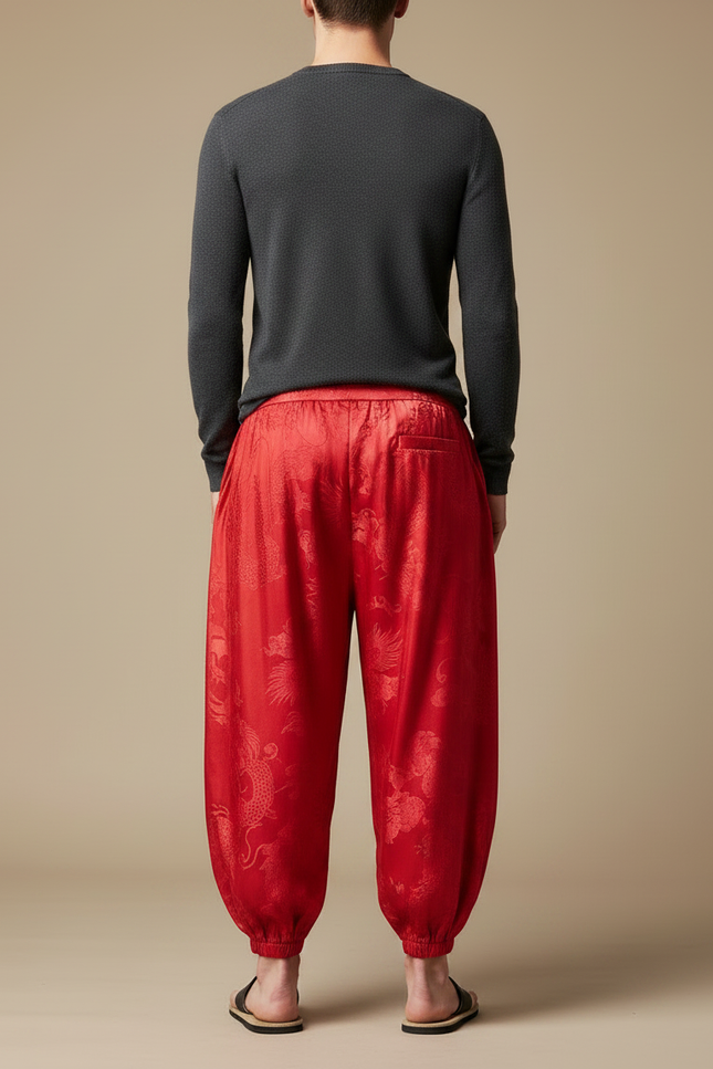 Pantalon Chinois Rouge Satin Dragon Ample Homme - vue 2
