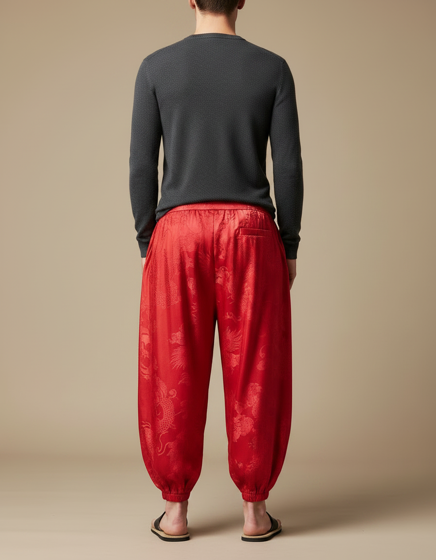 Pantalon Chinois Rouge Satin Dragon Ample Homme - vue 2