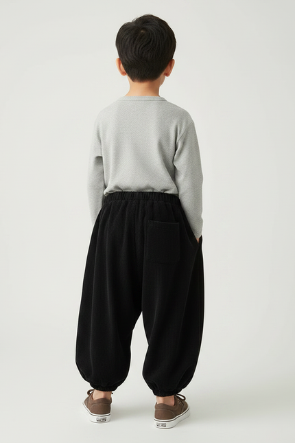 Pantalon Chinois Noir Côtelé Ample Bouffant Enfant Rétro - Cordé - vue 2