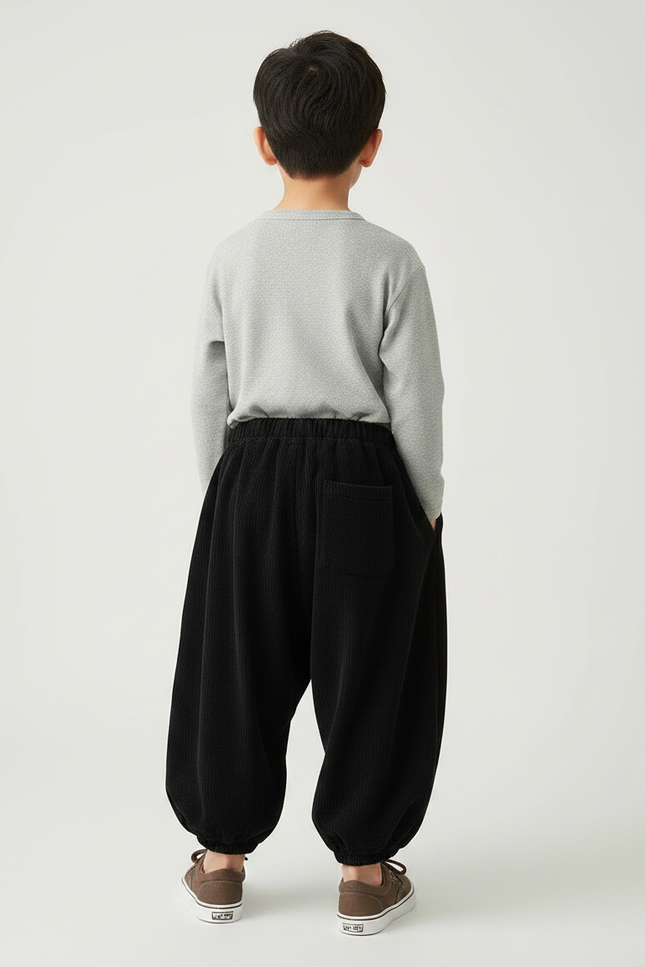 Pantalon Chinois Noir Côtelé Ample Bouffant Enfant Rétro - Cordé - vue 2