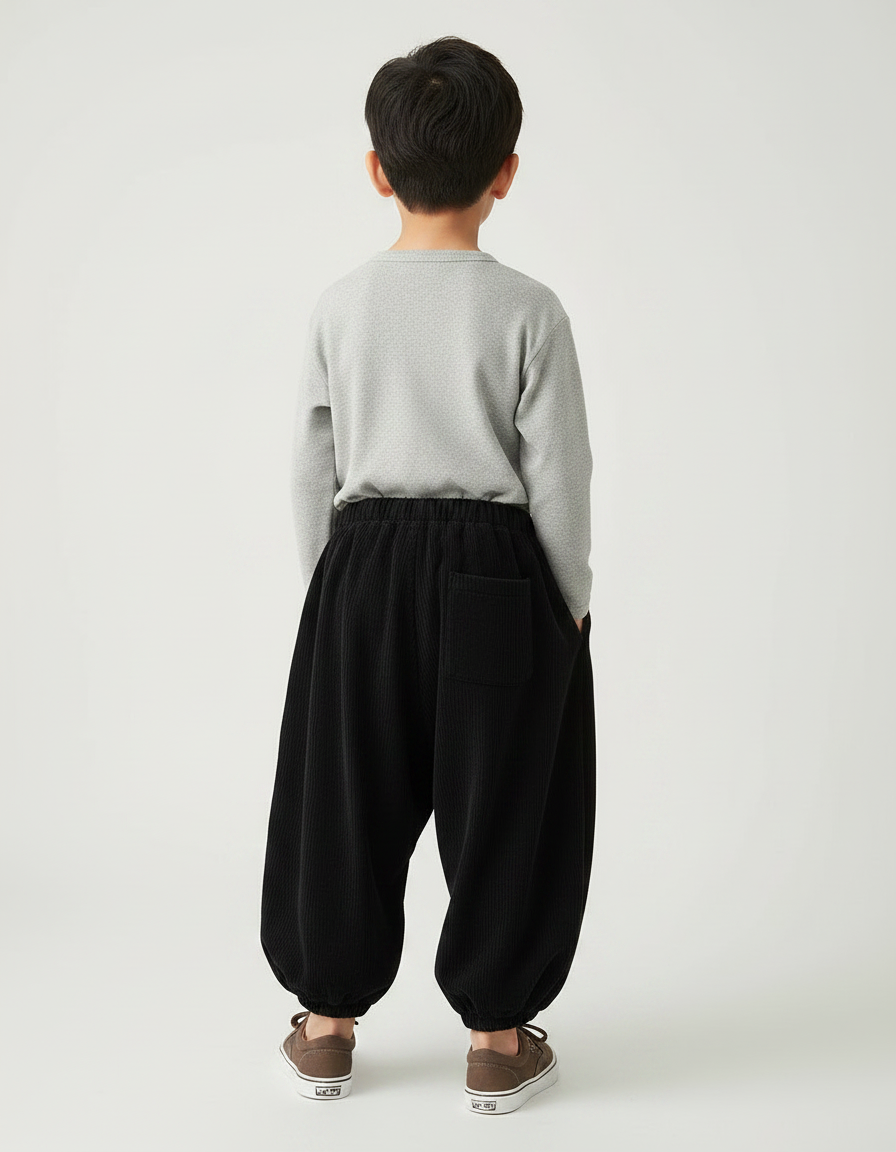 Pantalon Chinois Noir Côtelé Ample Bouffant Enfant Rétro - Cordé - vue 2