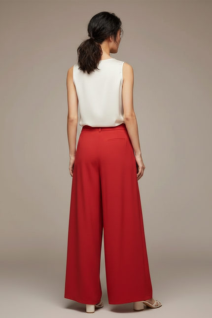 Pantalon Chinois Rouge Plissé Fluide Élégant Femme - Satin - vue 2