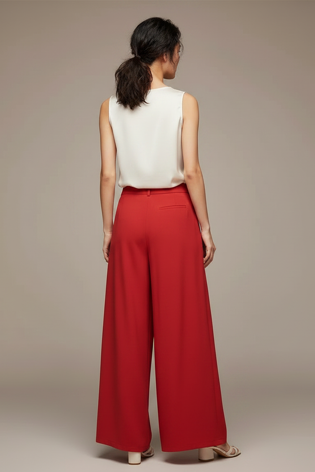 Pantalon Chinois Rouge Plissé Fluide Élégant Femme - Satin - vue 2