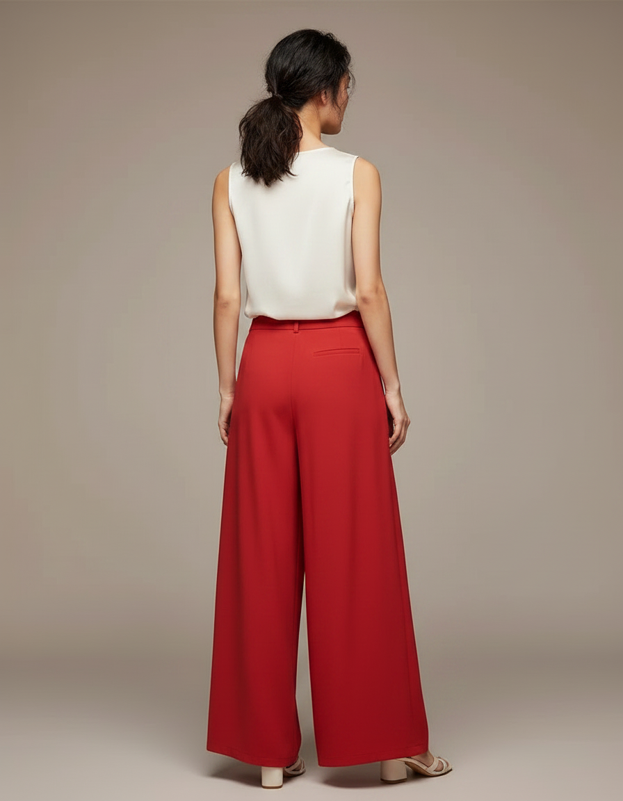 Pantalon Chinois Rouge Plissé Fluide Élégant Femme - Satin - vue 2