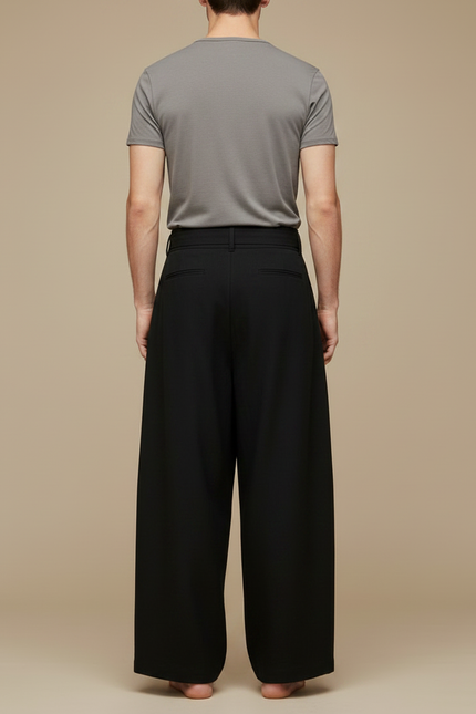 Pantalon Chinois Noir Ample Fluide Ceinturé Décontracté Homme - Viscose - vue 2
