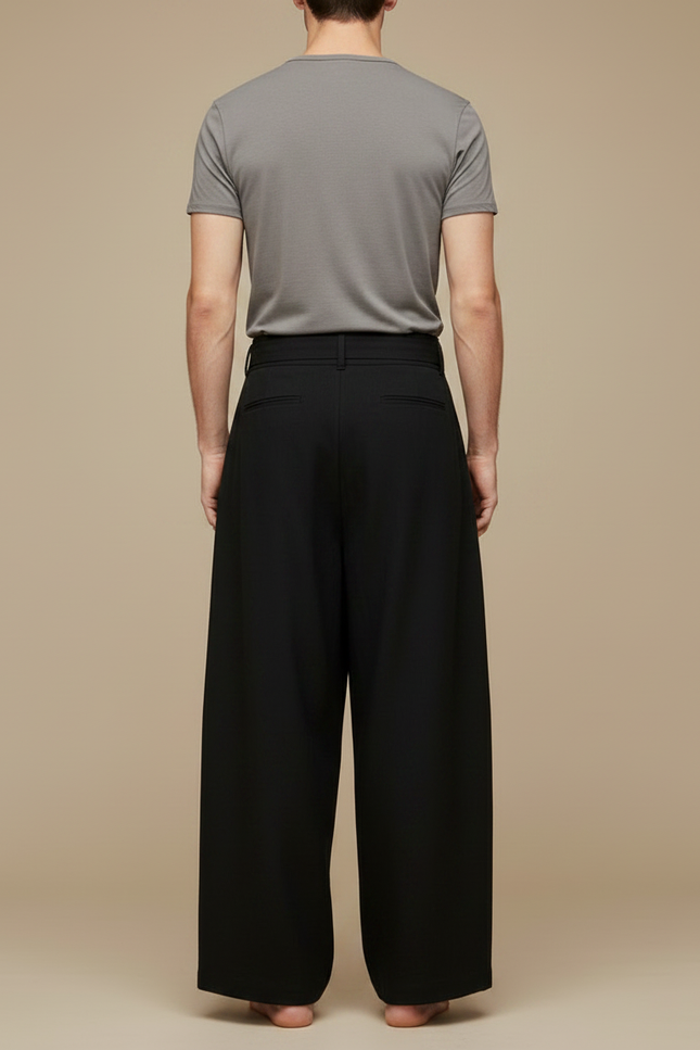 Pantalon Chinois Noir Ample Fluide Ceinturé Décontracté Homme - Viscose - vue 2