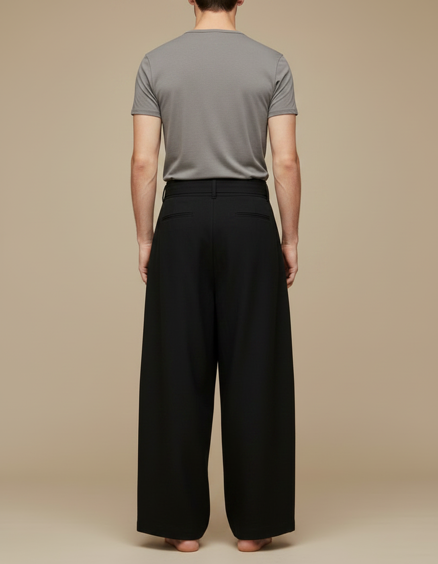 Pantalon Chinois Noir Ample Fluide Ceinturé Décontracté Homme - Viscose - vue 2