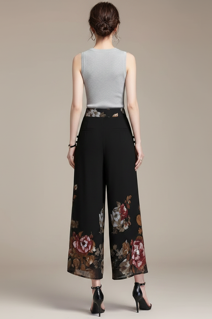 Pantalon Chinois Noir Chiffon Floral Ample Femme - Polyester - vue 2