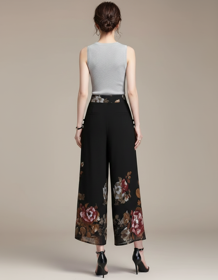 Pantalon Chinois Noir Chiffon Floral Ample Femme - Polyester - vue 2