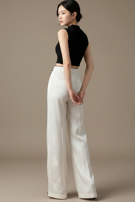Pantalon Chinois Blanc Jacquard Fluide Élégant Femme - Soie - vue 2
