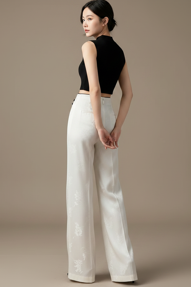 Pantalon Chinois Blanc Jacquard Fluide Élégant Femme - Soie - vue 2