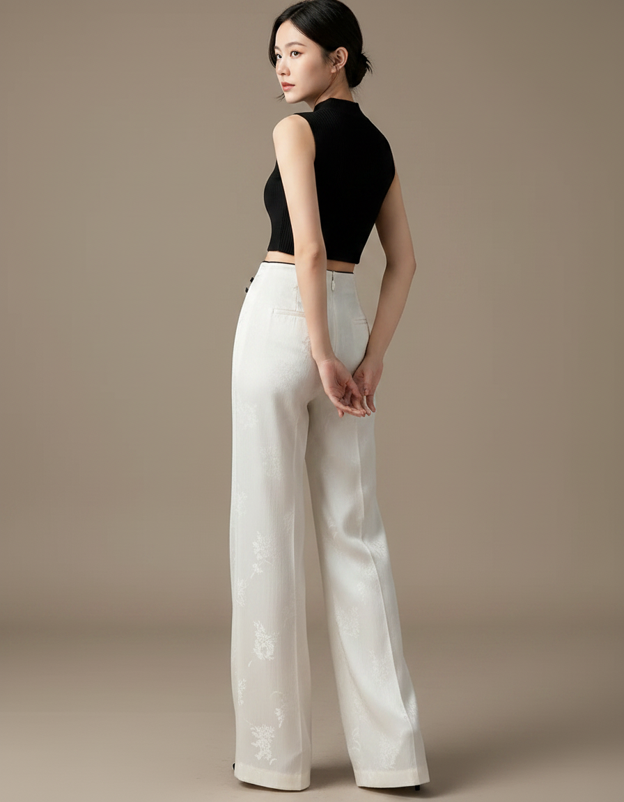 Pantalon Chinois Blanc Jacquard Fluide Élégant Femme - Soie - vue 2