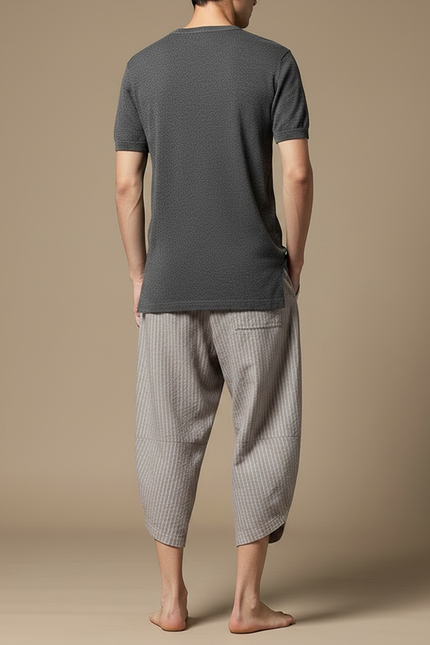 Pantalon Chinois Gris Lin Rayé Ample Homme - vue 2