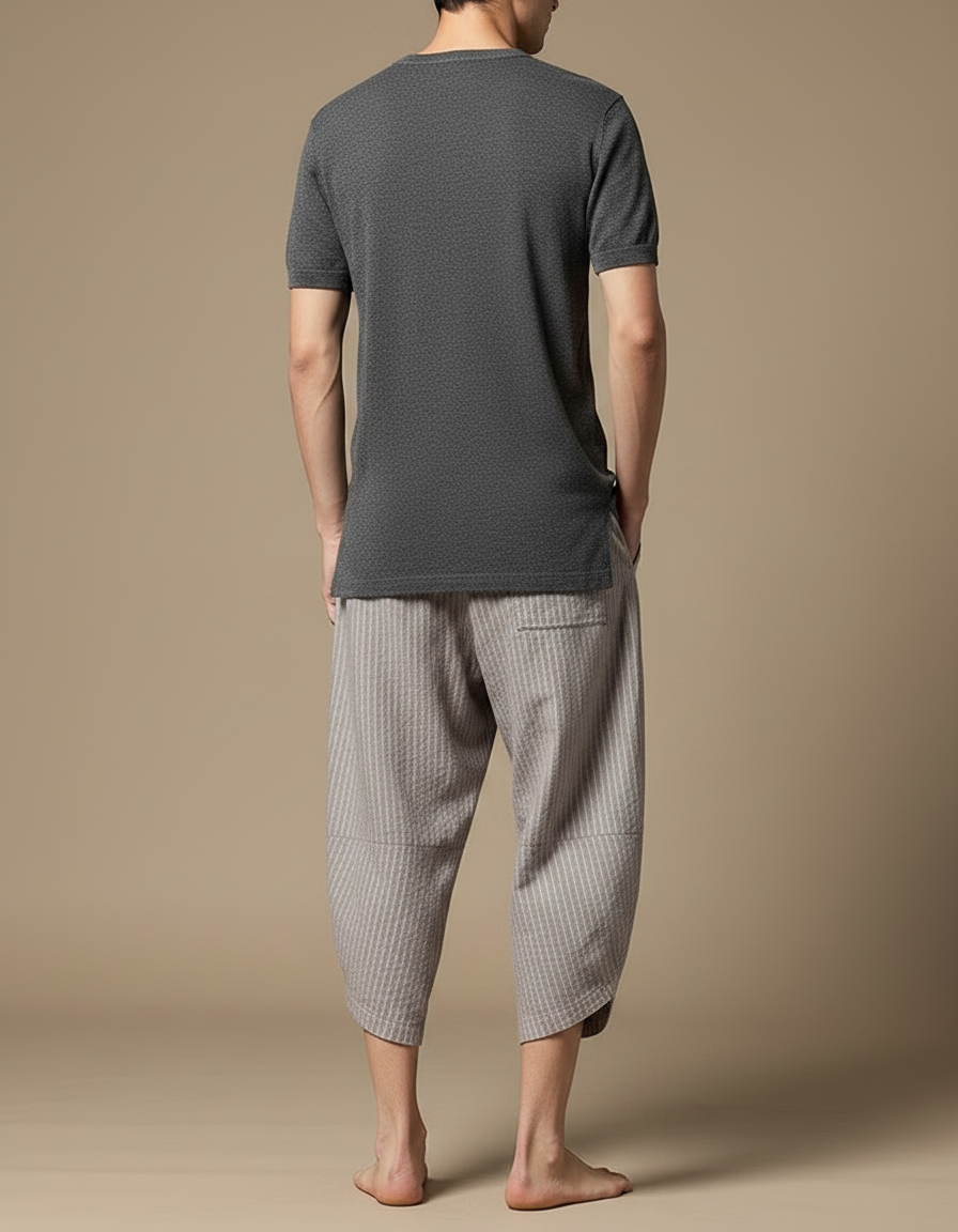Pantalon Chinois Gris Lin Rayé Ample Homme - vue 2
