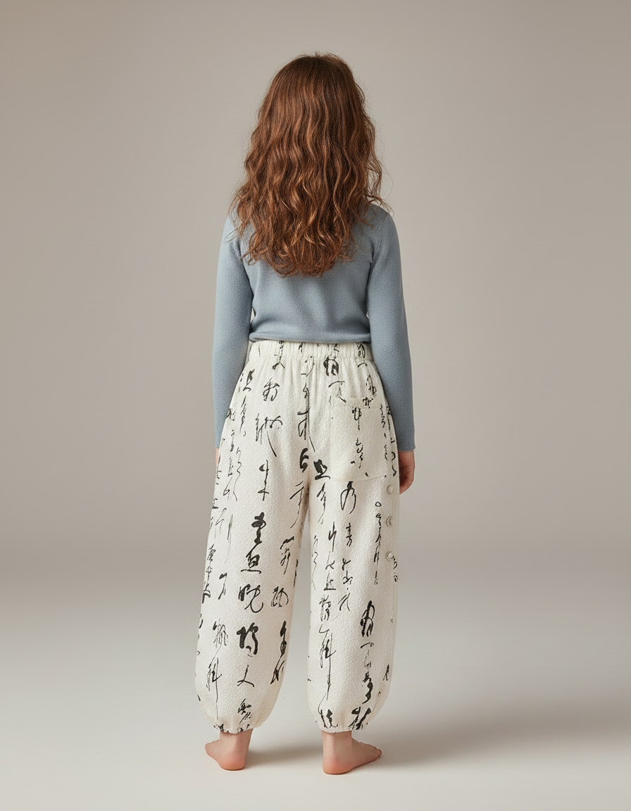 Pantalon Chinois Crème Ample Calligraphie Fille Coton Doux - Beige - vue 2