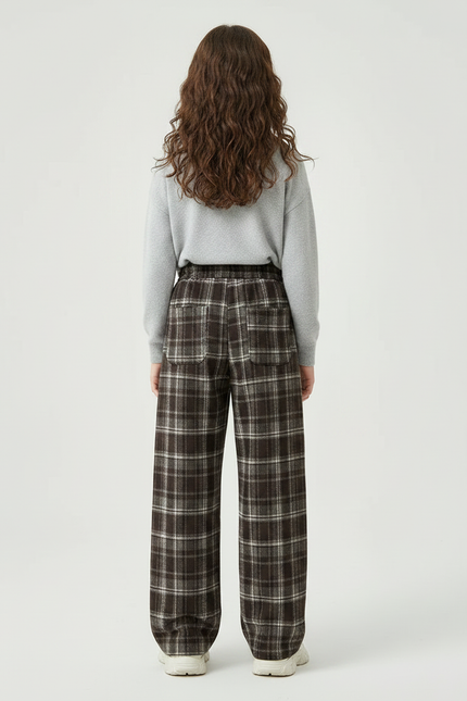 Pantalon Chinois Carreaux Marron Ample Décontracté Coton - Laine - vue 2