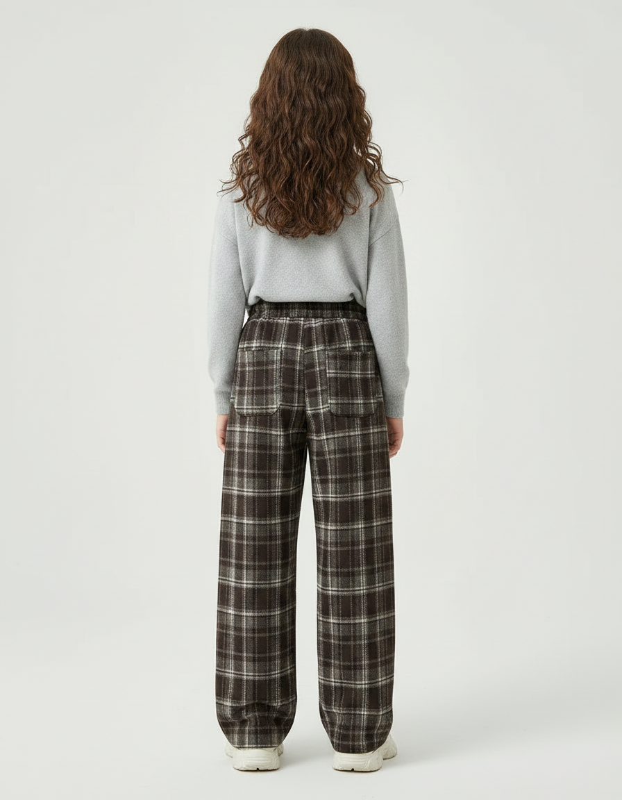 Pantalon Chinois Carreaux Marron Ample Décontracté Coton - Laine - vue 2
