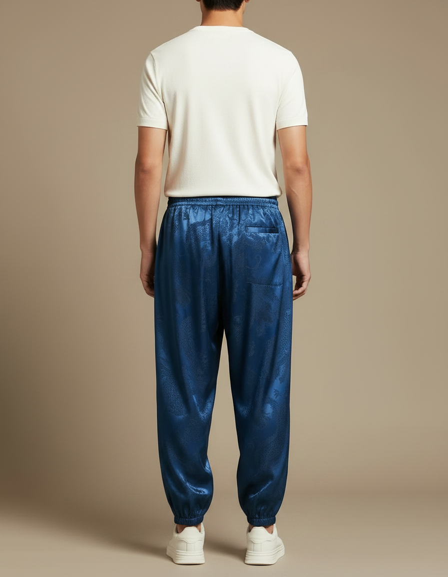 Pantalon Chinois Bleu Dragon Satin Ample Homme - vue 2