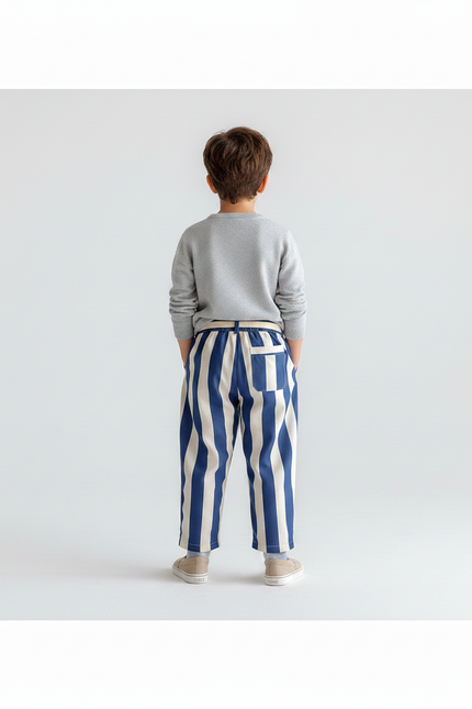 Pantalon Chinois Rayé Bleu Ample Coton Enfant Garçon - Marine - vue 2