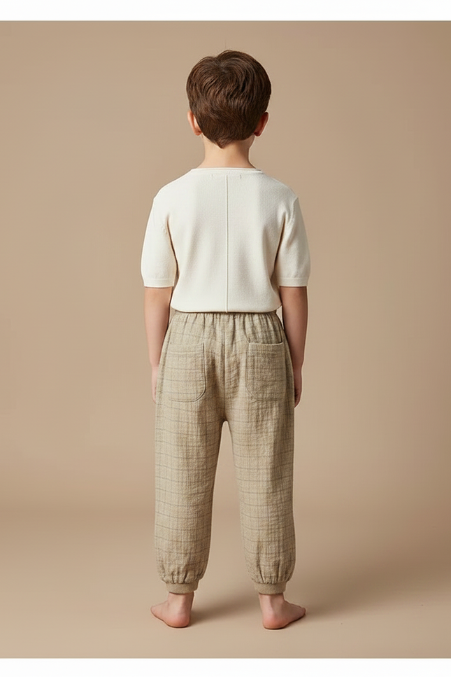 Pantalon Chinois Coton Lin Plaid Harem Enfant - Beige - vue 2